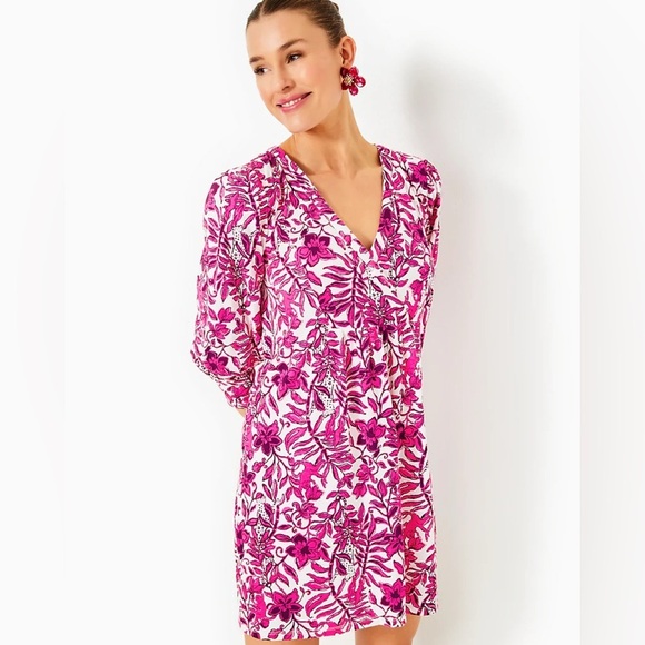 Lilly Pulitzer Vibrant Pink White Mini Cass Dress Lil Escape Print HTF XL NWOT - Picture 1 of 8
